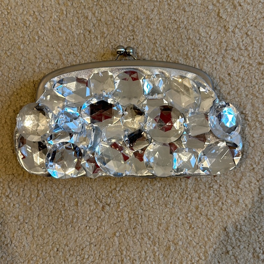 Silver evening clutch with wrist chain
